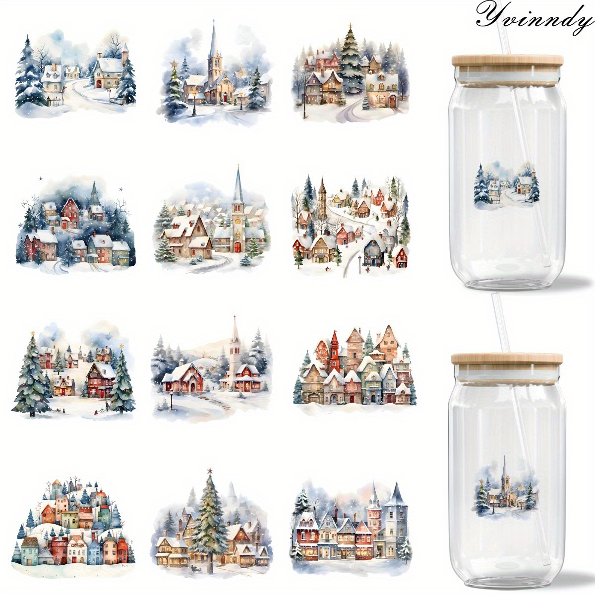 Rdta Tank Glass - 12-teiliges Set Weihnachtliche Schneelandschaft DIY Glasgefäß-Verpackungsaufkleber